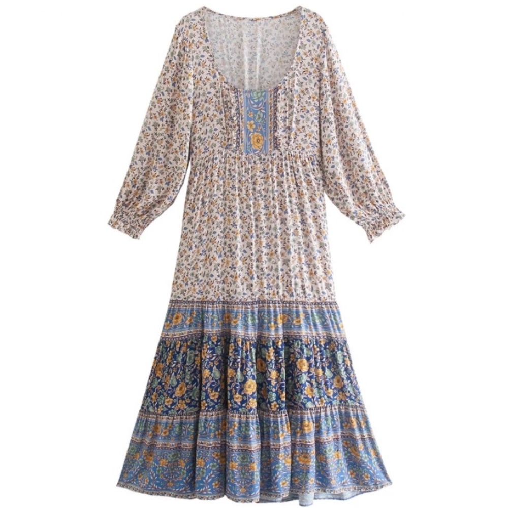 Bohemian Gypsy Floral Print Puff Short Sleeve Dress - Picture 4 of 6